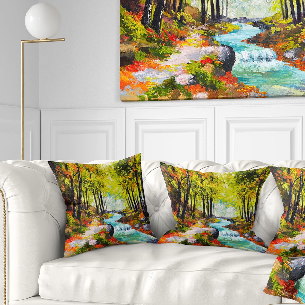 Designart River in Green Autumn Forest - Landscape Painting Throw Pillow - 16x16