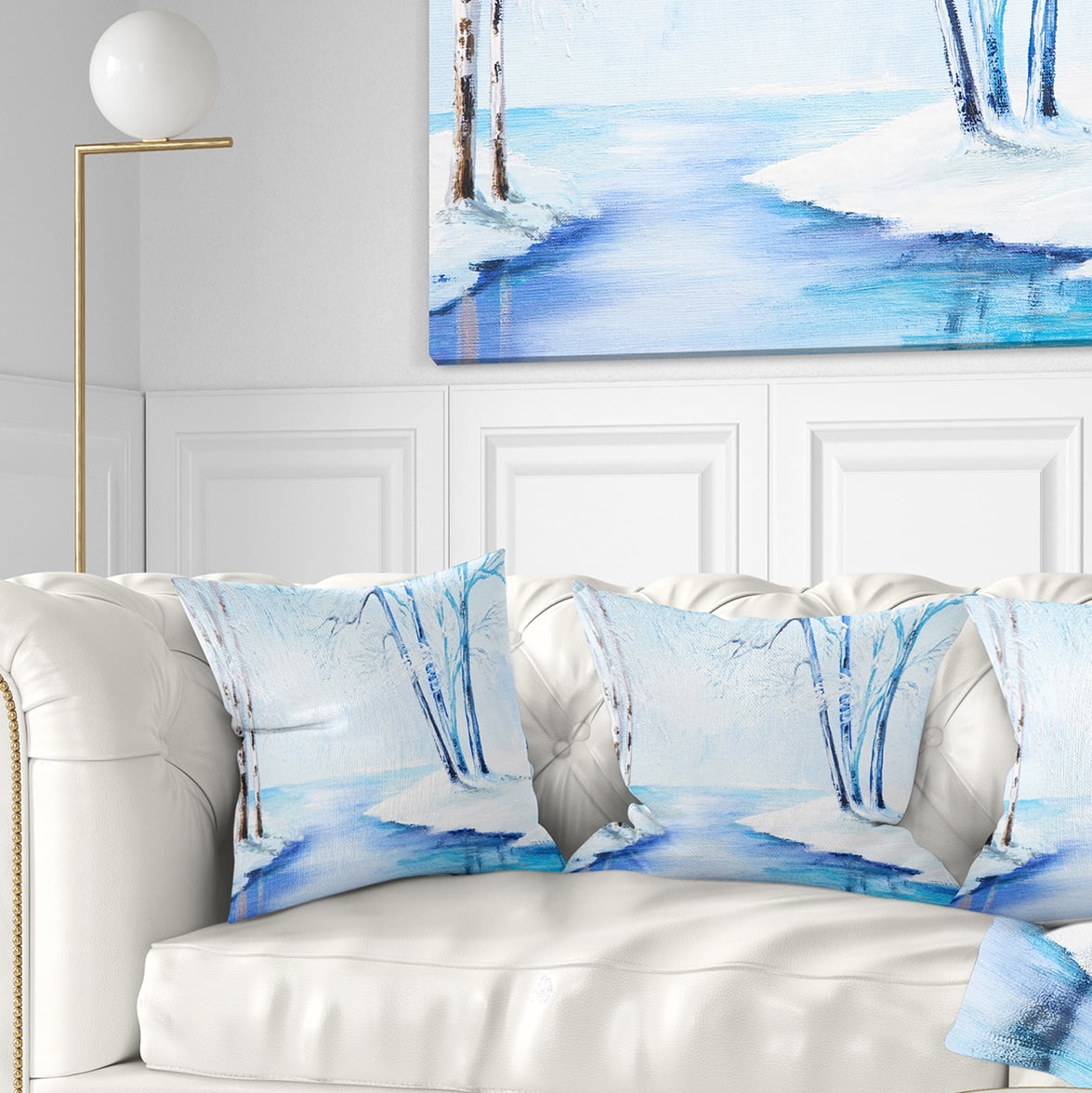 Designart River in Snowy Winter - Abstract Landscape Printed Throw Pillow - 16x16