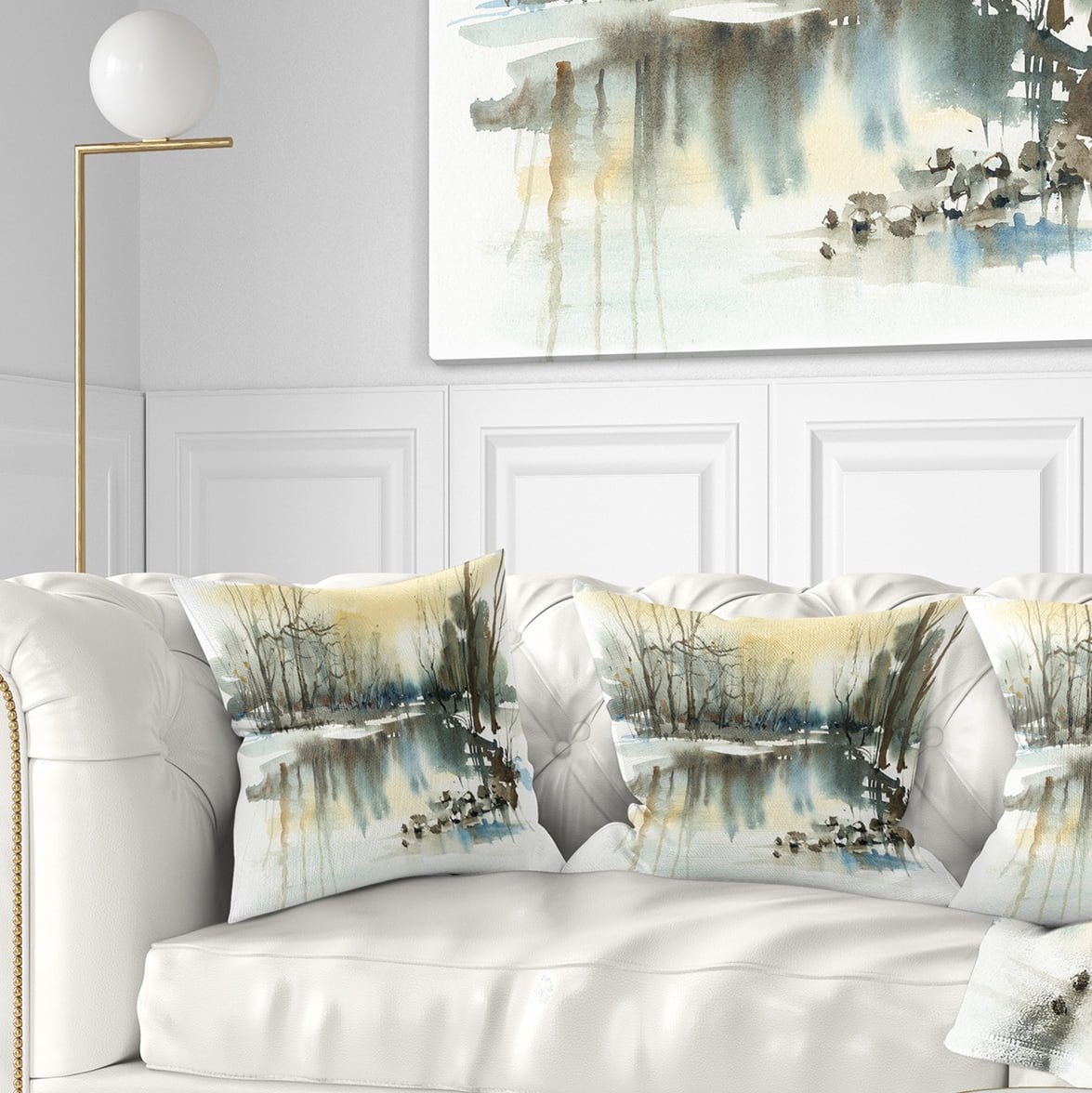 Designart River in Winter - Landscape Painting Throw Pillow - 16x16