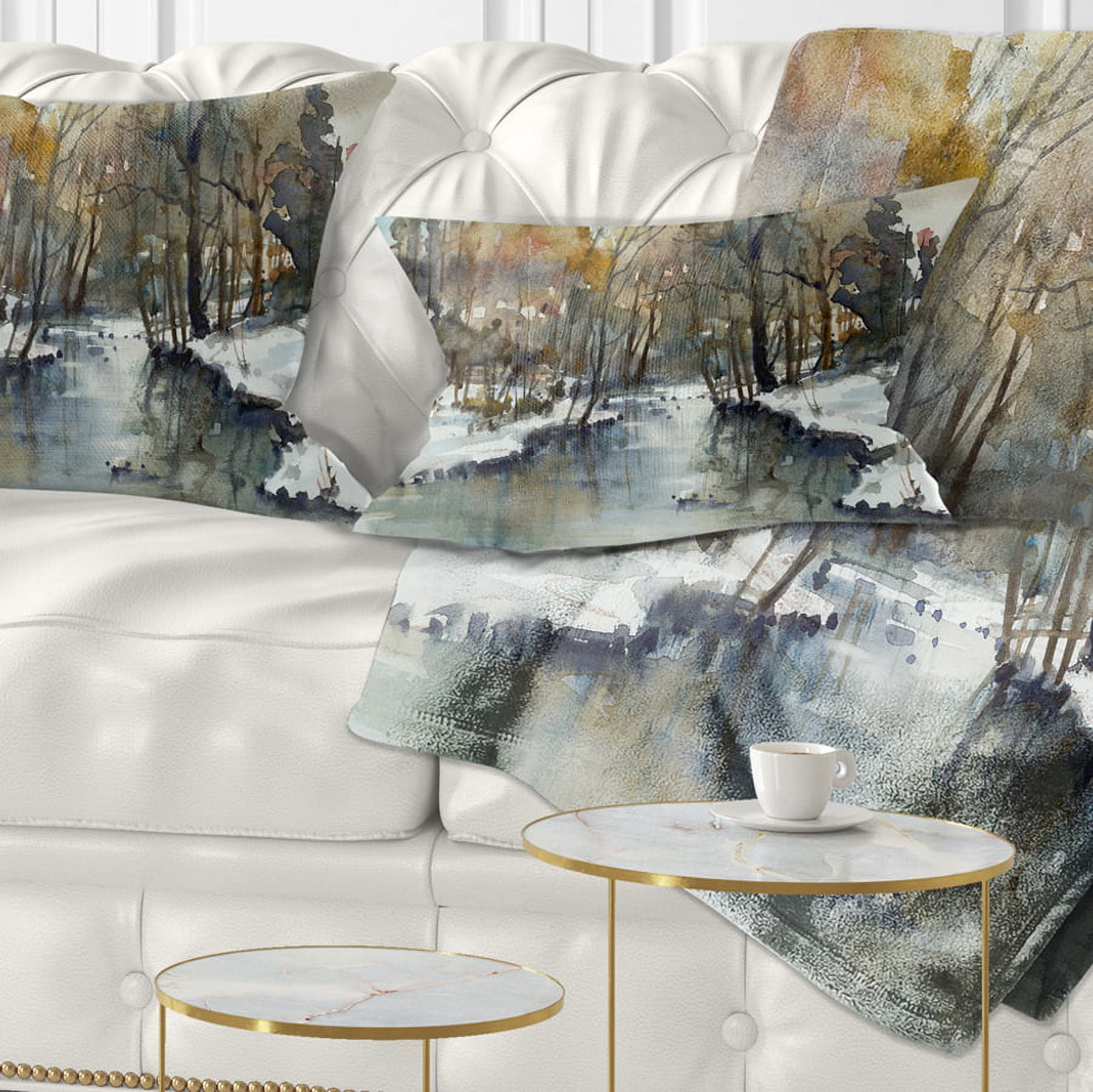 Designart River in Woods Watercolor - Landscape Painting Throw Pillow - 12x20