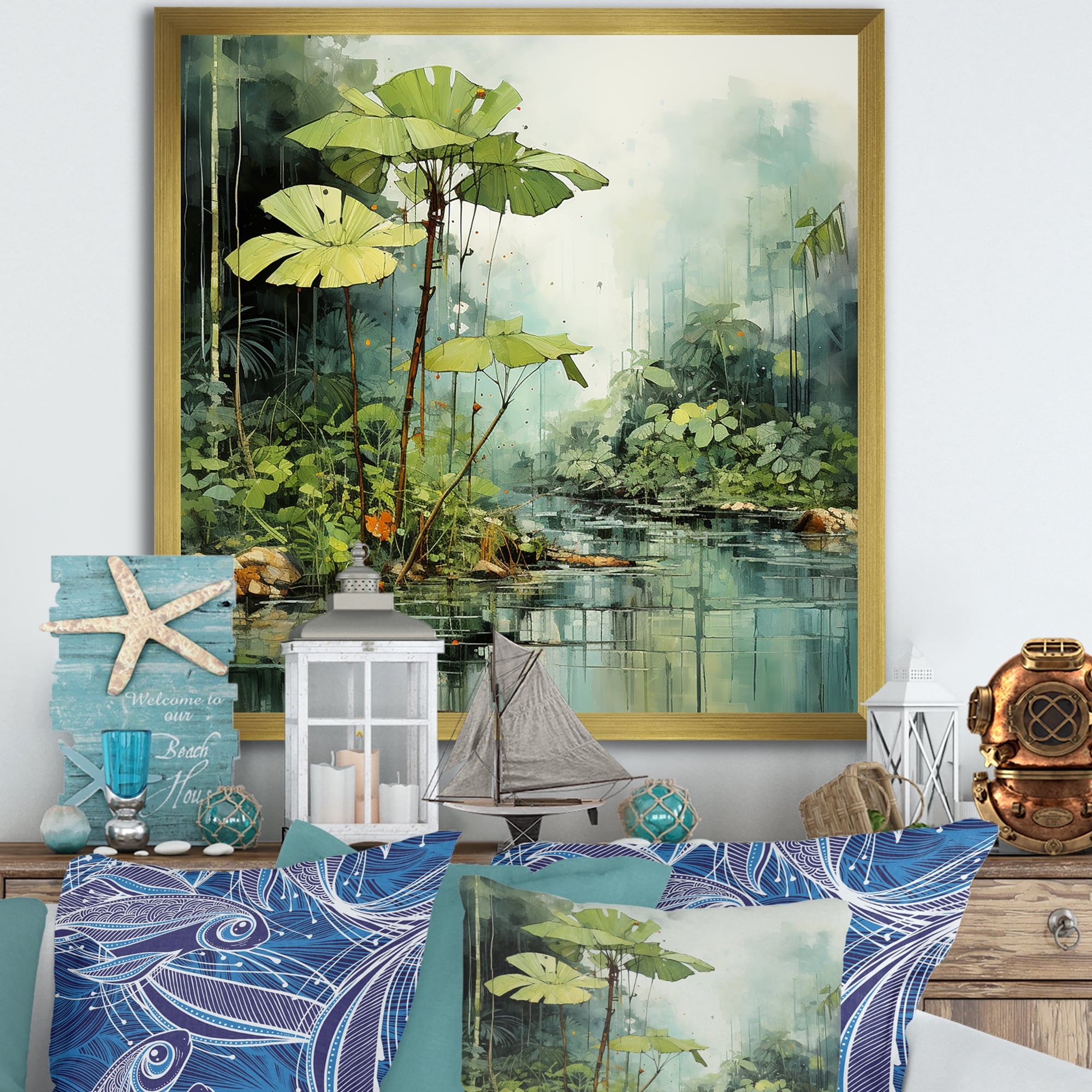 River in the Tropical Jungle Green Canvas Print with Gold Frame