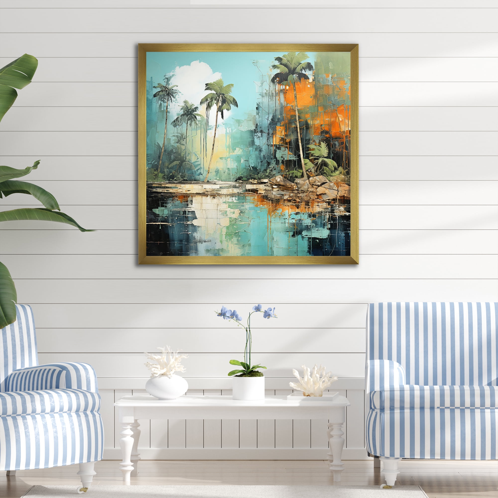 Gold Framed Coastal Tropical Jungle Canvas Print, 16" x 16"