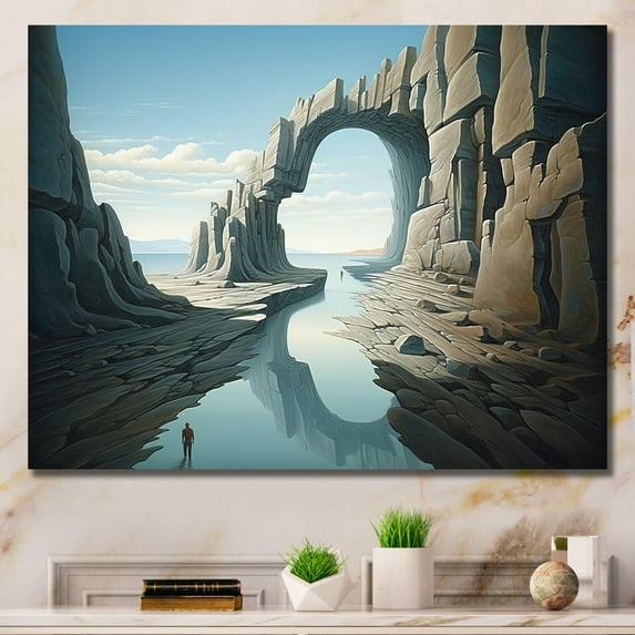 Designart "River of Dreams Surreal Exploration I" Landscapes Wall Art - Traditional Grey Surrealism Landscape Entryway Wall Art