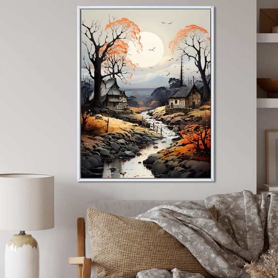 Designart "Riverside Countryside Cottage I" Countryside Floater Framed Canvas Wall Art