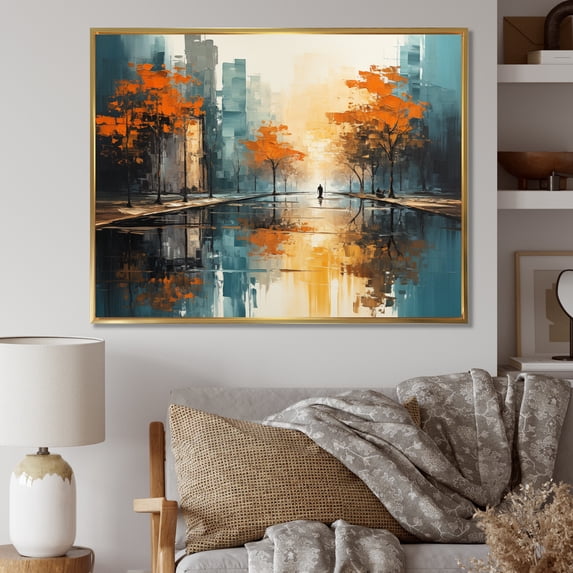 Designart "Riverside Reflection Orange Rivers painting I" Modern Floater Framed Canvas Wall Art