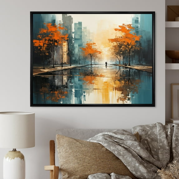 Designart "Riverside Reflection Orange Rivers painting I" Modern Floater Framed Canvas Wall Art
