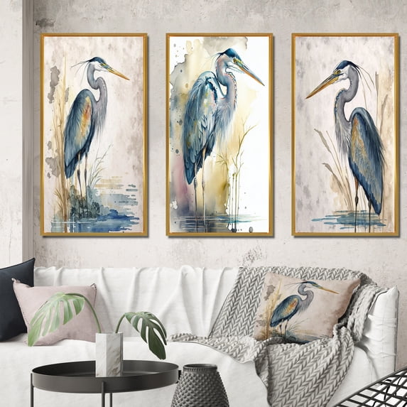 Designart "Riverside Reverie with Heron Watercolor Scene I" Animals Heron Framed Wall Art Set Of 3 - Blue Heron Frame Gallery Wall Set For Home Decor