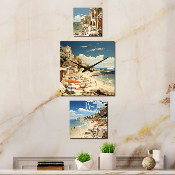 Designart "Riviera Beach Reverie in France" France Oversized Wall Clock - Set Of 3 - Extra large Clock For Office Décor - Large Traditional Wall Clock