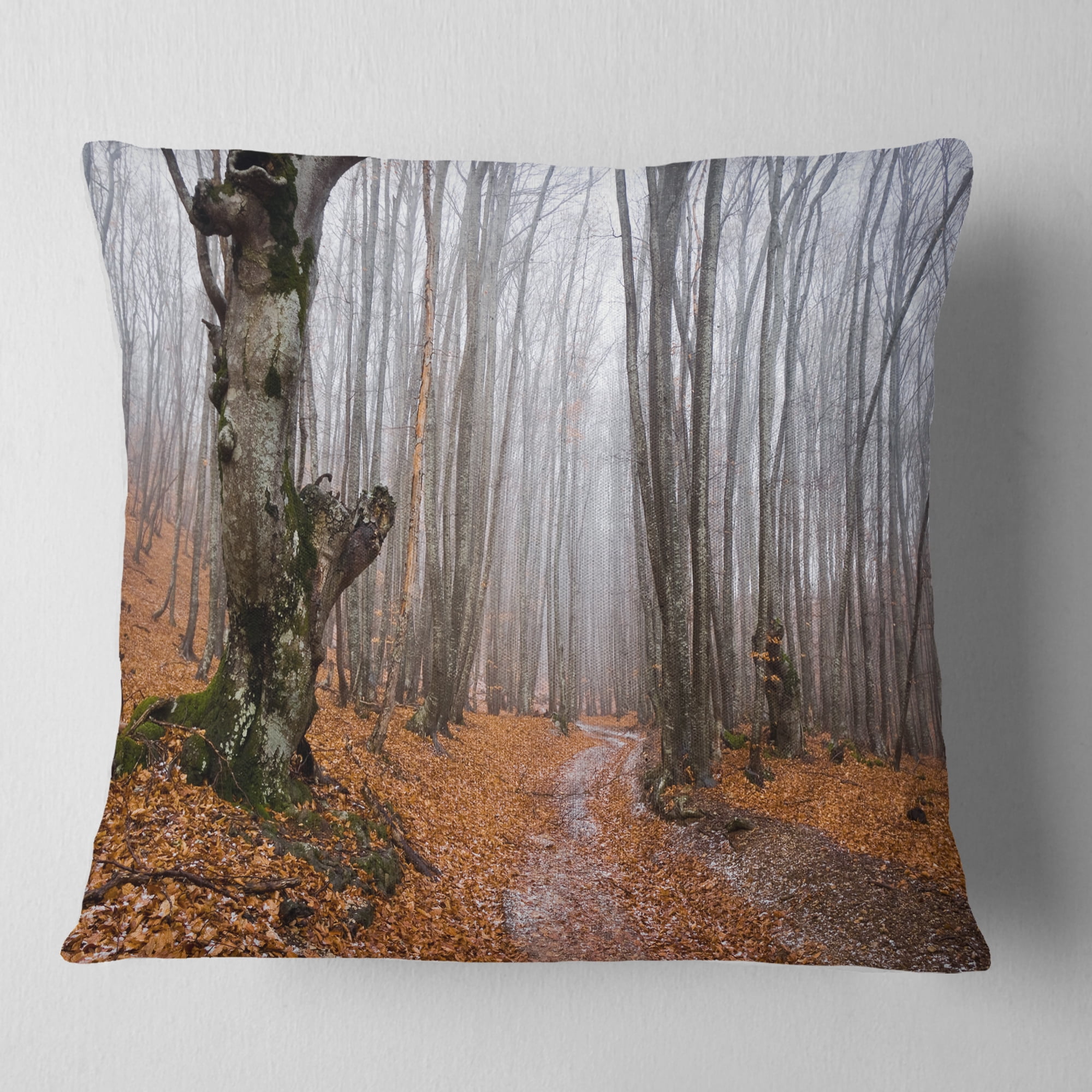 Designart Road Covered by Fallen Leaves - Modern Forest Throw Pillow - 18x18