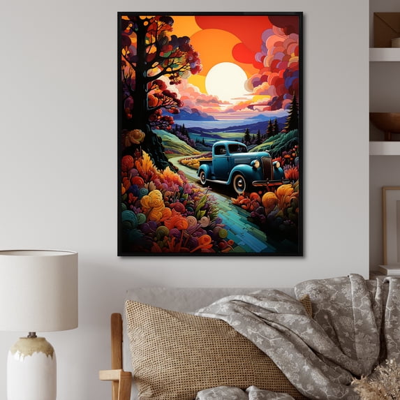 Designart "Road Legends Colorful Pickup Truck Journey I" Pickup Truck Floater Framed Wall Art Print