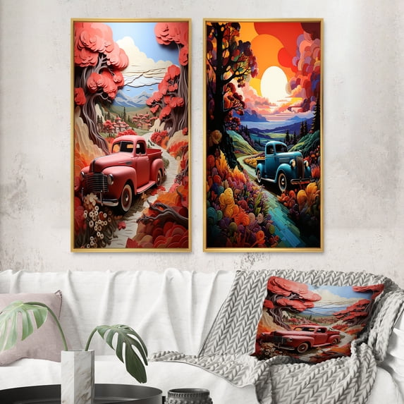 Designart "Road Legends Coral Pickup Truck Adventure I" Pickup Truck Framed Wall Art Set Of 2 - Coral Transportation Framed Canvas Set For Living Room Decor