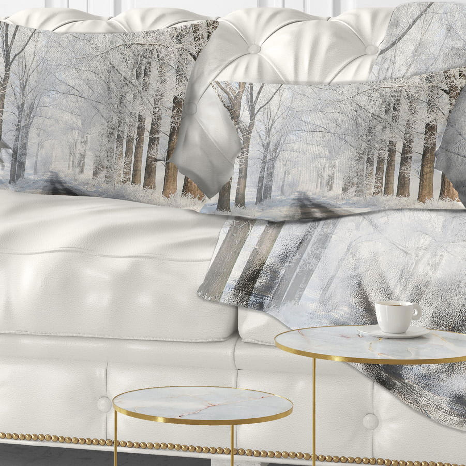 Designart Road Through Frosted Forest - Landscape Photo Throw Pillow - 12x20