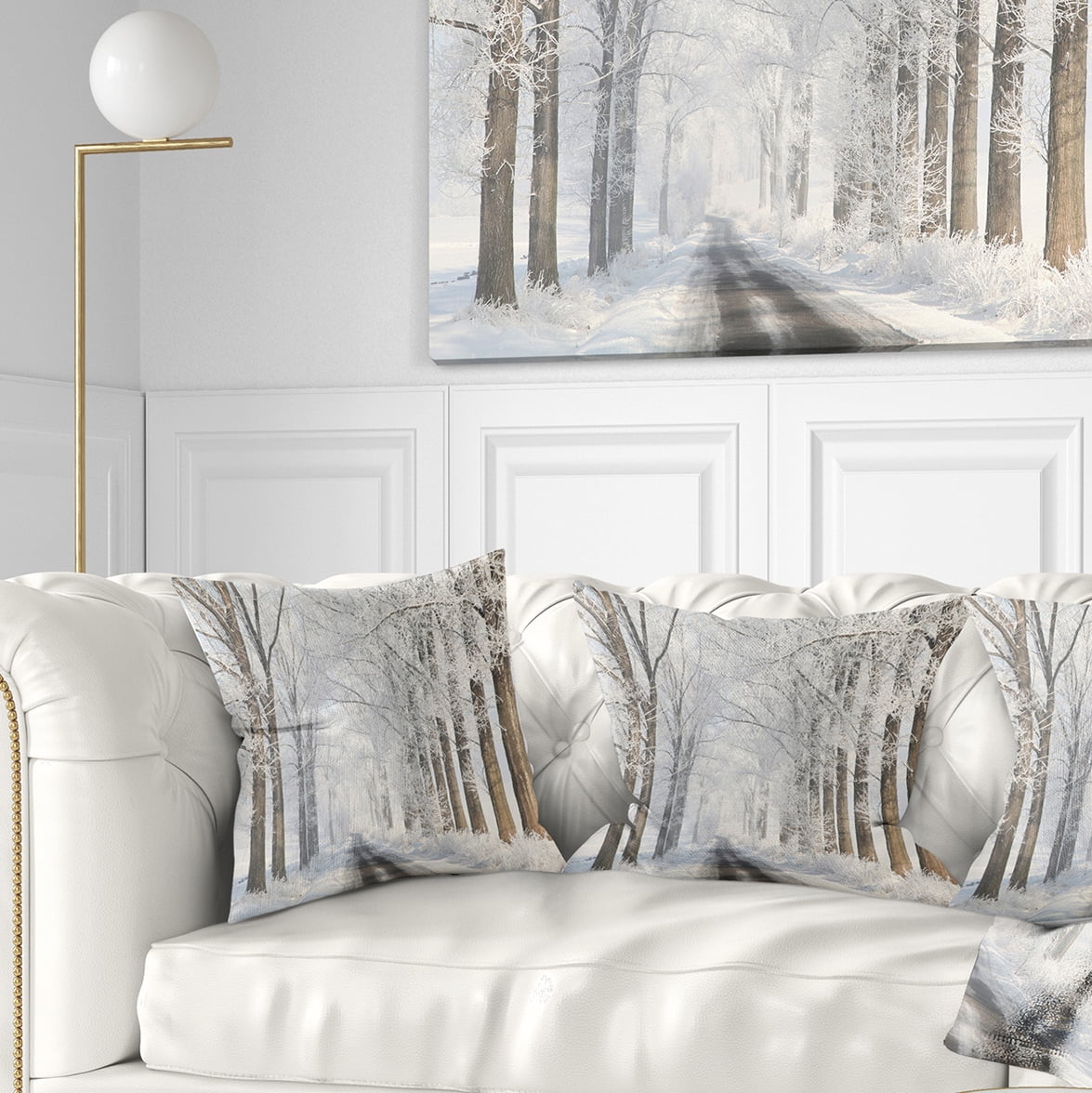 Designart Road Through Frosted Forest - Landscape Photo Throw Pillow - 18x18
