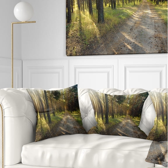 Designart Road Through Green Pine Forest - Landscape Photography Throw Pillow - 16x16