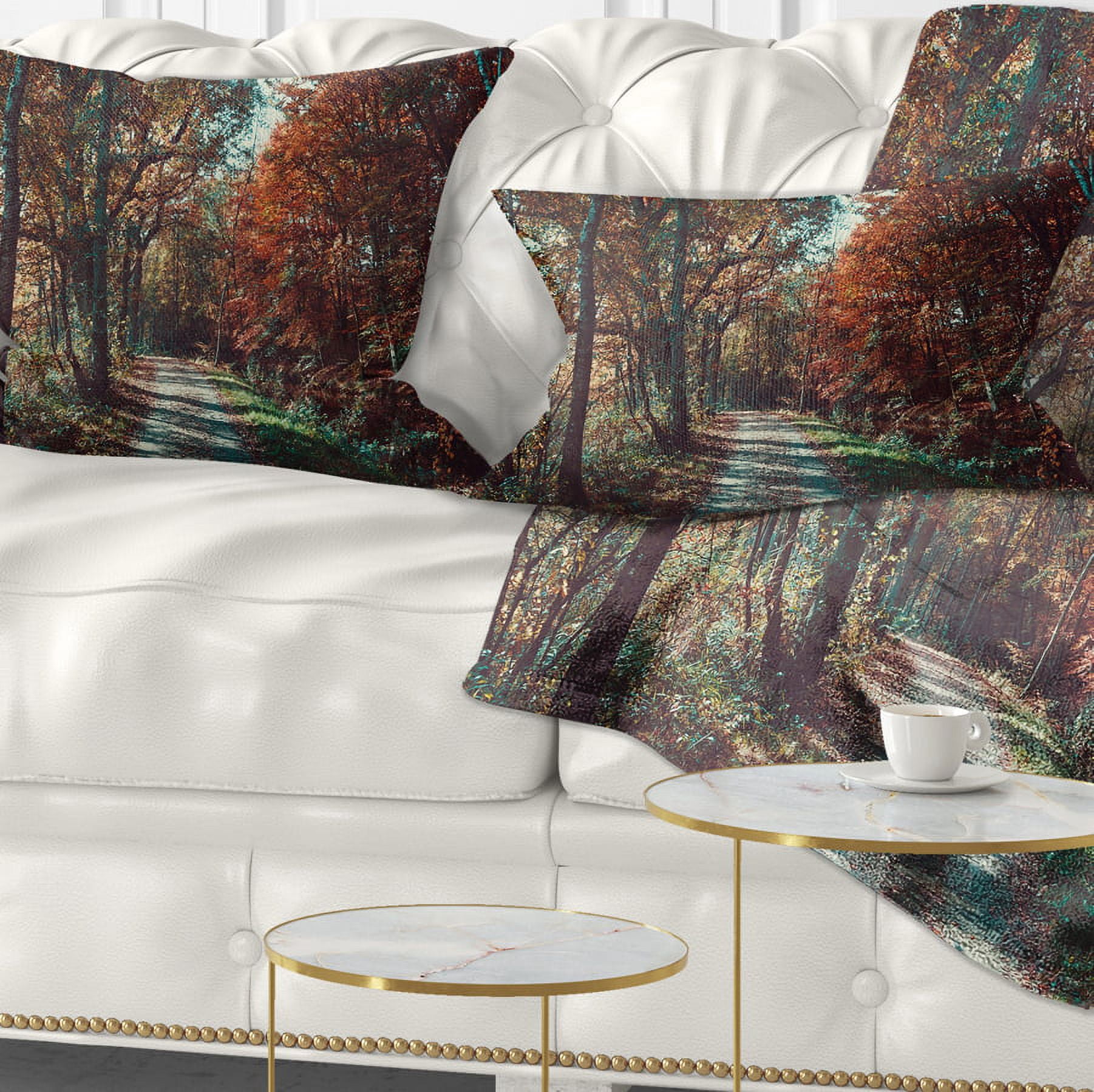 Designart Road Through Red Fall Forest - Landscape Photo Throw Pillow - 12x20