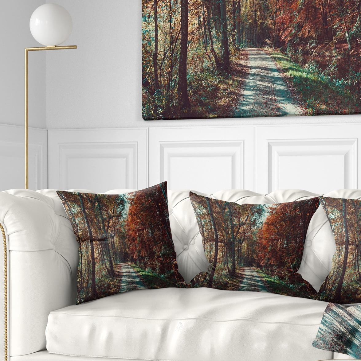 Designart Road Through Red Fall Forest - Landscape Photo Throw Pillow - 16x16