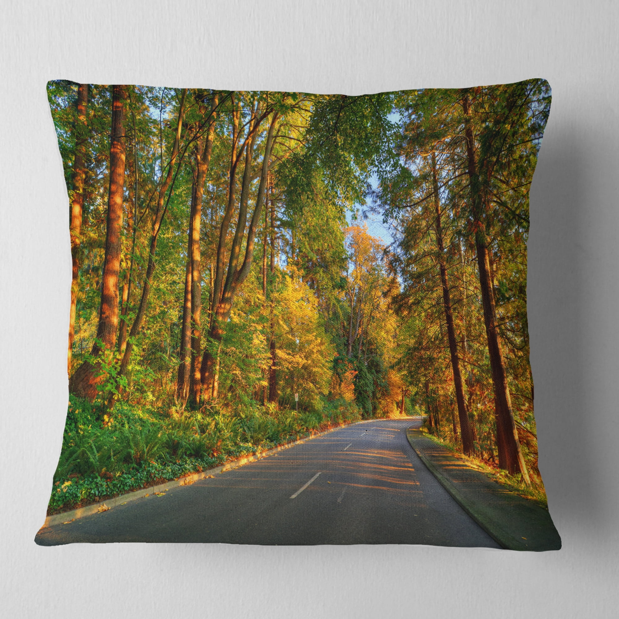 Designart Road Through Yellow Forest - Landscape Printed Throw Pillow - 16x16