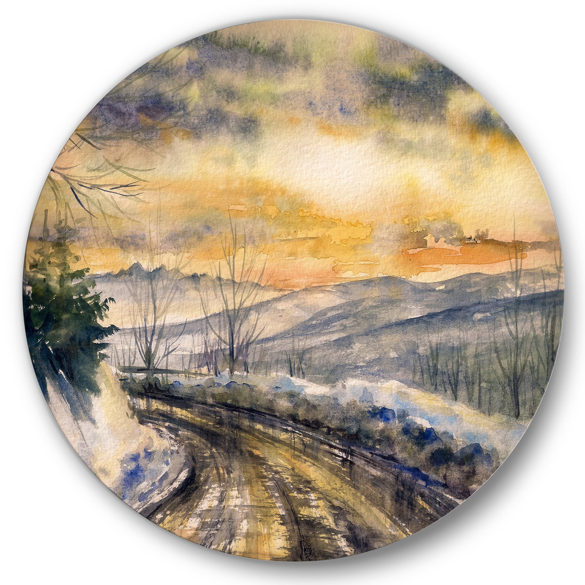 Designart 'Road Under Bright Sunset With Winter Landscape' Traditional Circle Metal Wall Art 23x23 - Disc of 23