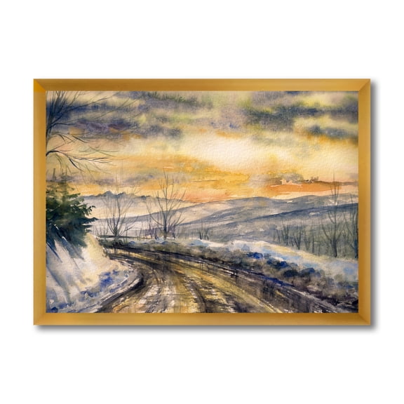 Designart 'Road Under Bright Sunset With Winter Landscape' Traditional Framed Art Print