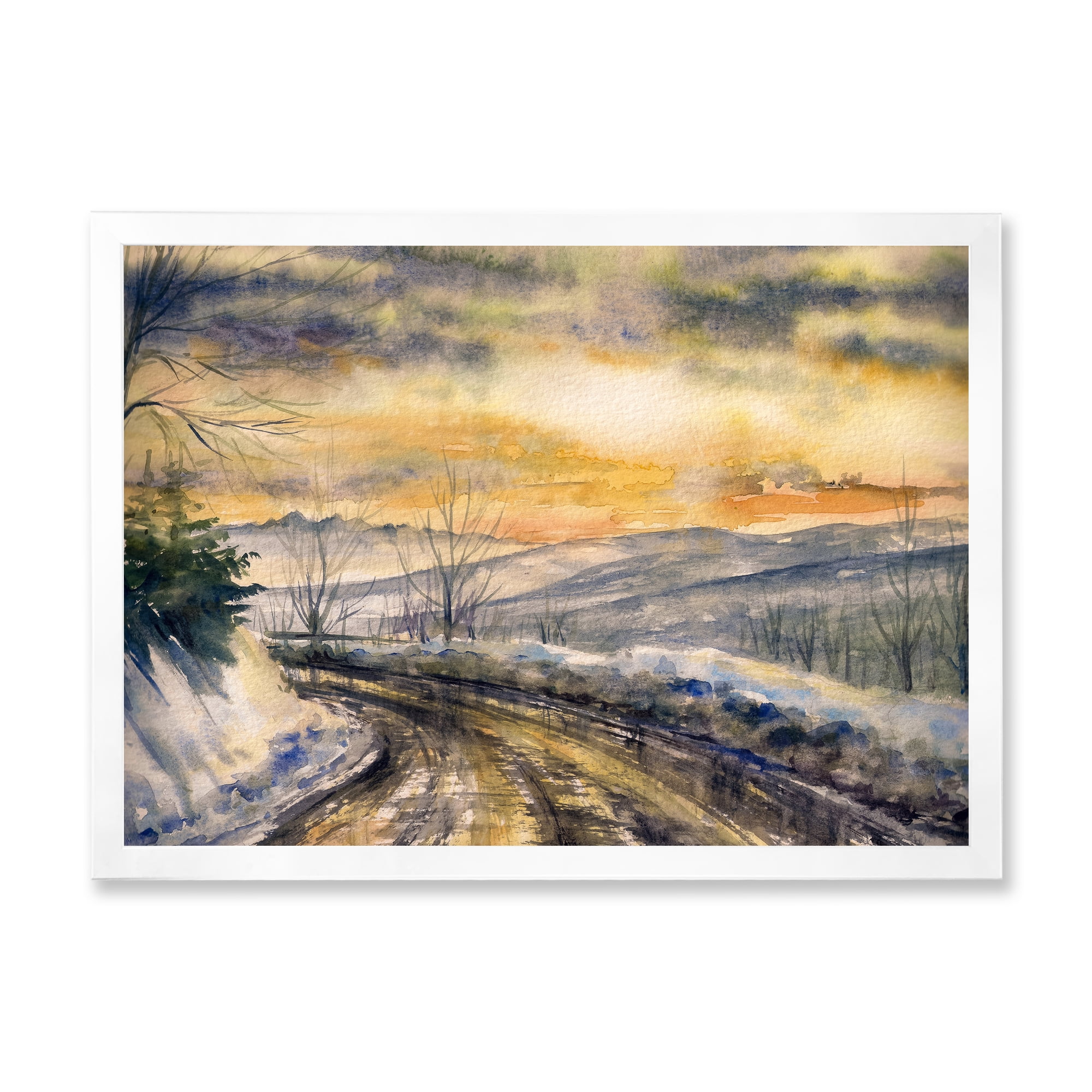 Designart 'Road Under Bright Sunset With Winter Landscape' Traditional Framed Art Print