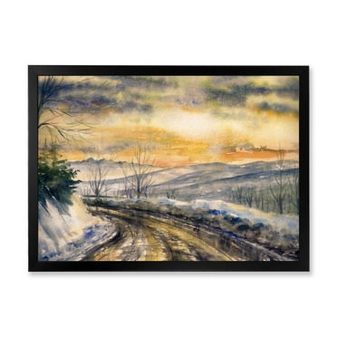 Designart 'Road Under Bright Sunset With Winter Landscape' Traditional Framed Art Print