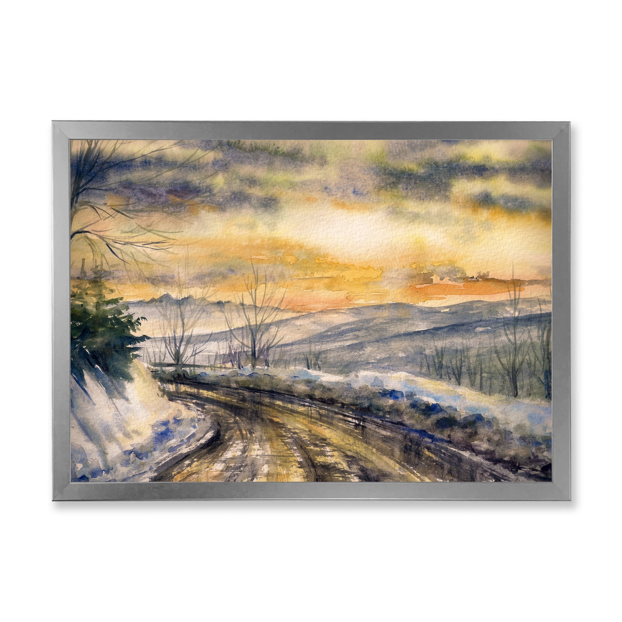 Designart 'Road Under Bright Sunset With Winter Landscape' Traditional Framed Art Print