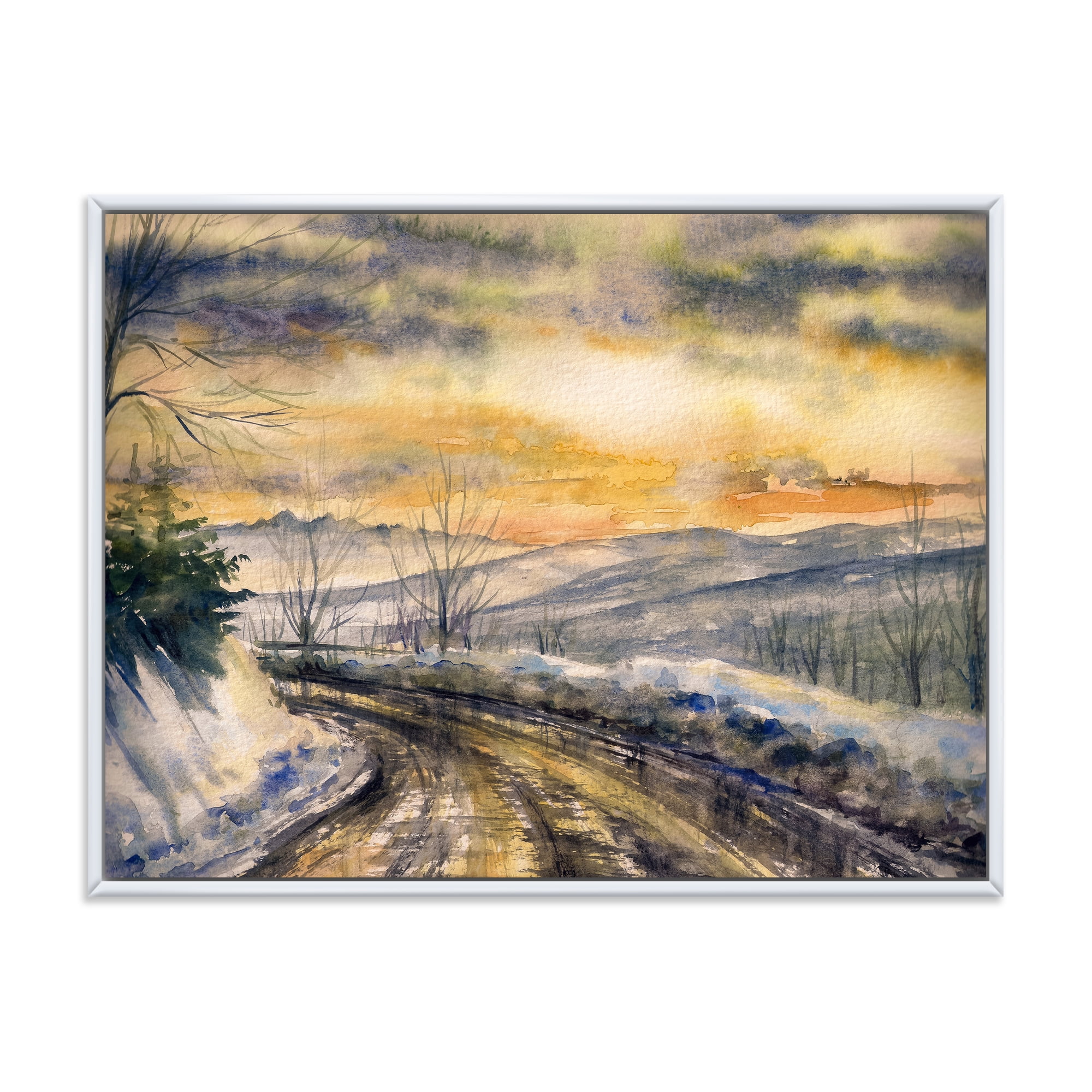 Designart 'Road Under Bright Sunset With Winter Landscape' Traditional Framed Canvas Wall Art Print