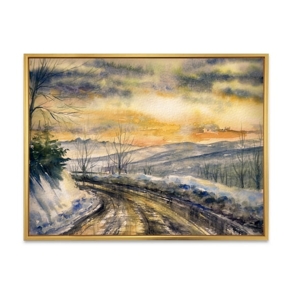 Designart 'Road Under Bright Sunset With Winter Landscape' Traditional Framed Canvas Wall Art Print