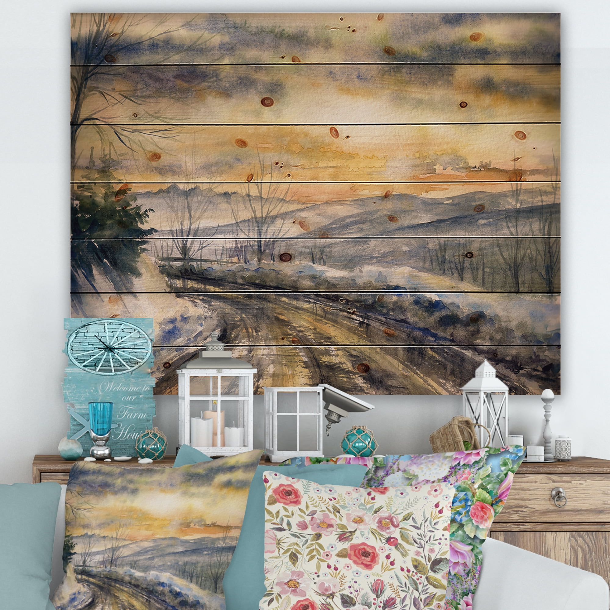 Designart 'Road Under Bright Sunset With Winter Landscape' Traditional Print on Natural Pine Wood