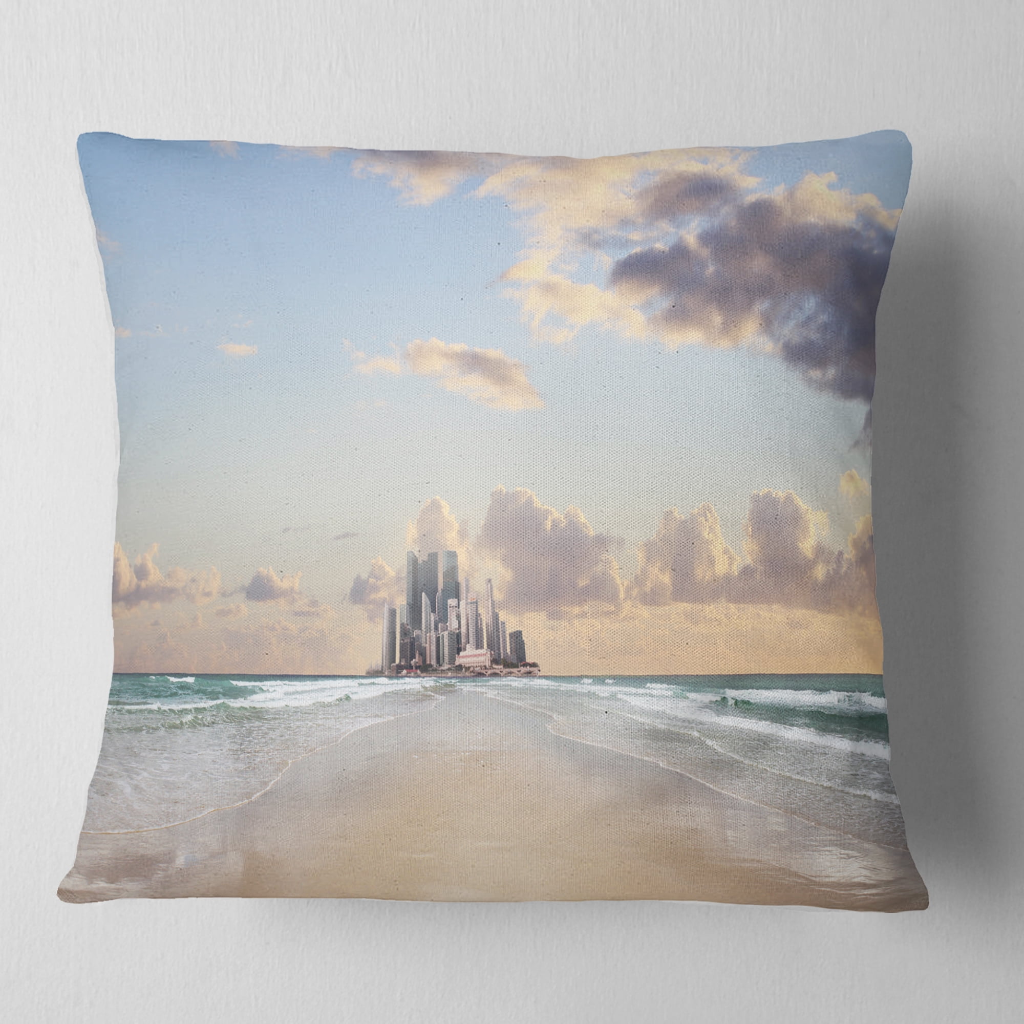 Designart Road along the Beach to City - Modern Seascape Throw Pillow - 18x18