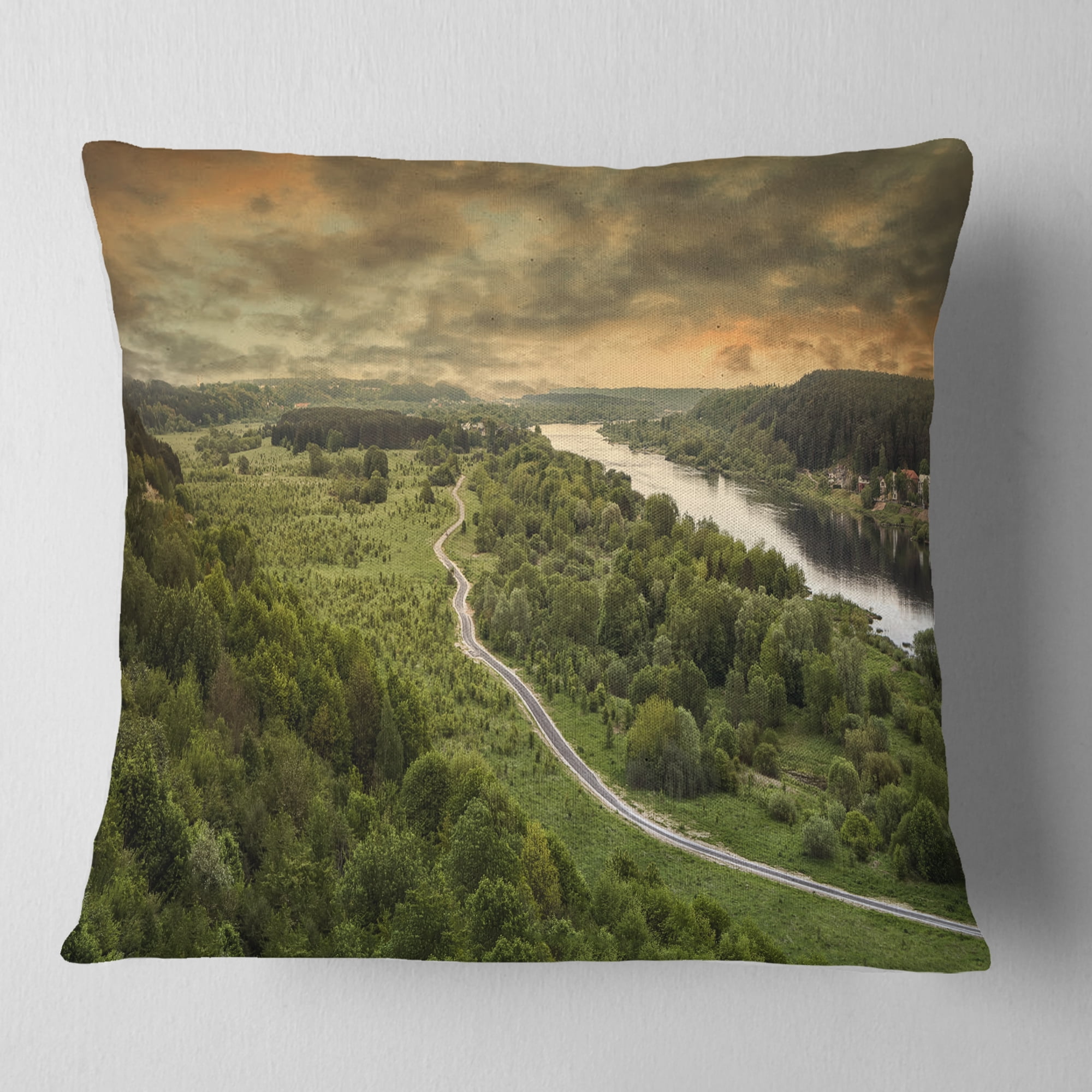 Designart Road along the Nemunas in Green - Landscape Printed Throw Pillow - 18x18