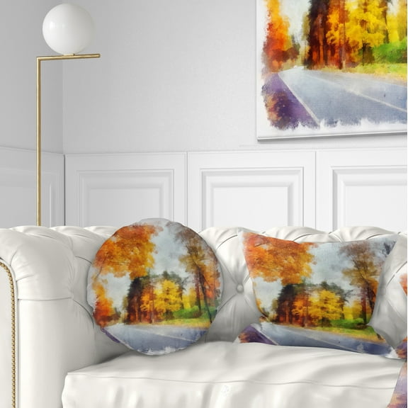 Designart Road and Forest Sketch Watercolor - Landscape Printed Throw Pillow - 12x20