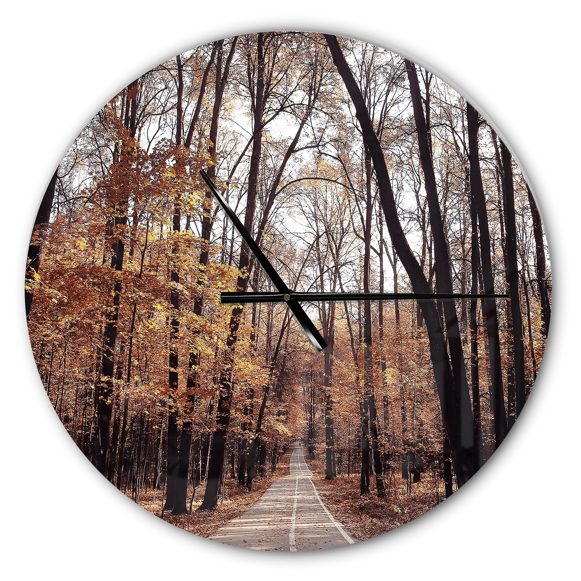 Designart 'Road in Autumn Golden Forest ' Modern wall clock
