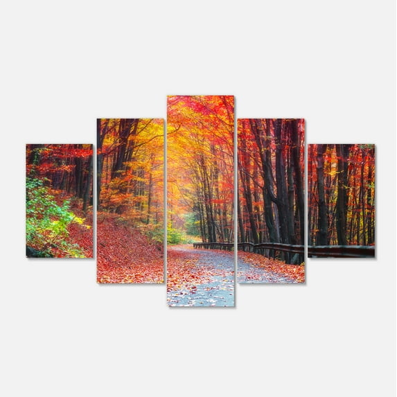Designart 'Road in Beautiful Autumn Forest ' Modern Forest Canvas Art