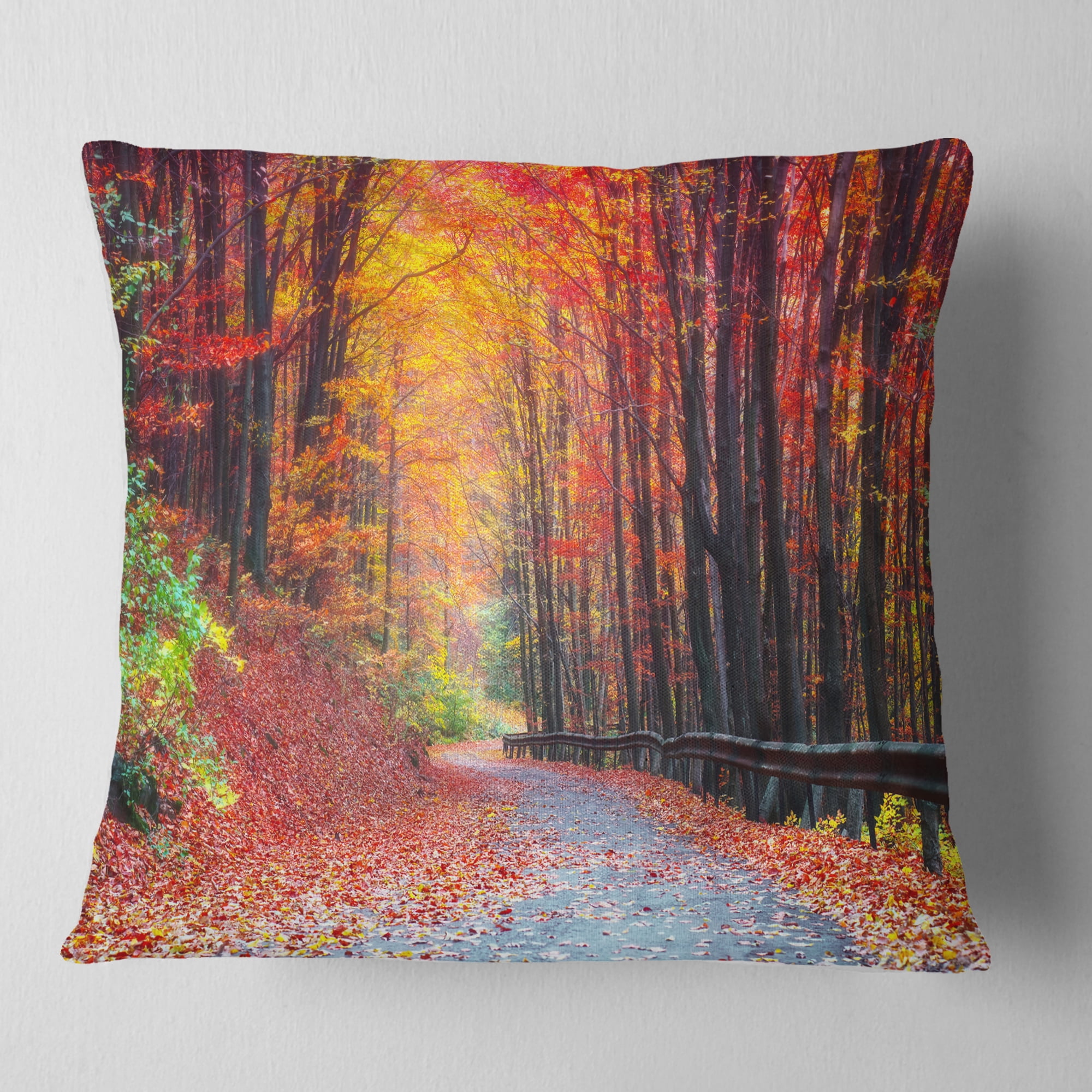 Designart Road in Beautiful Autumn Forest - Modern Forest Throw Pillow - 16x16