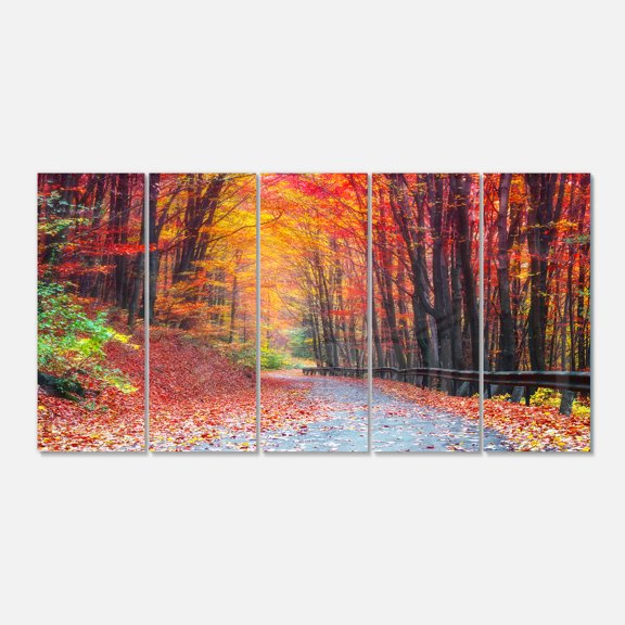 Designart 'Road in Beautiful Autumn Forest ' Multipanel Modern Forest Extra Large Metal Wall Arts
