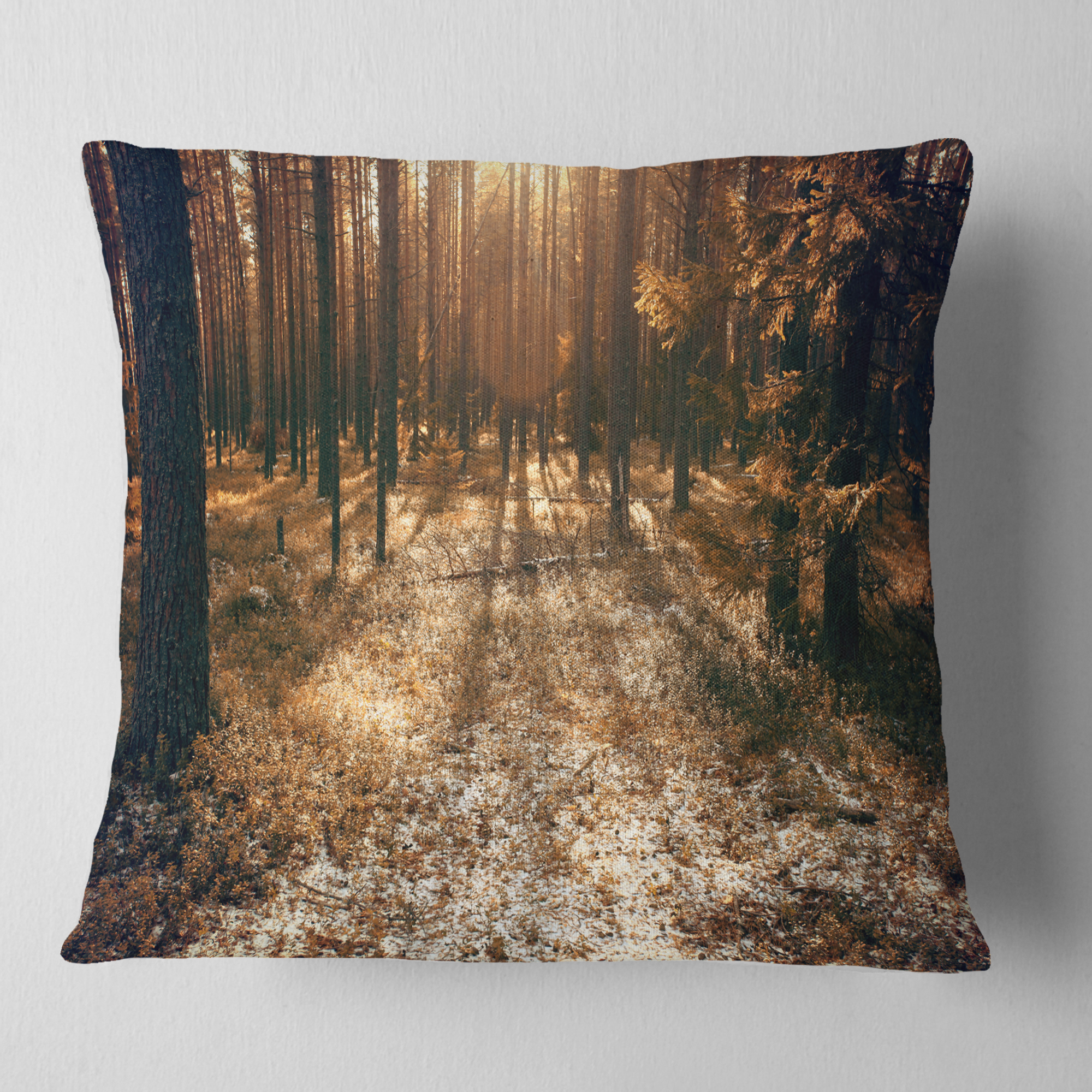 Designart Road in Dark Wooded Forest - Modern Forest Throw Pillow - 18x18
