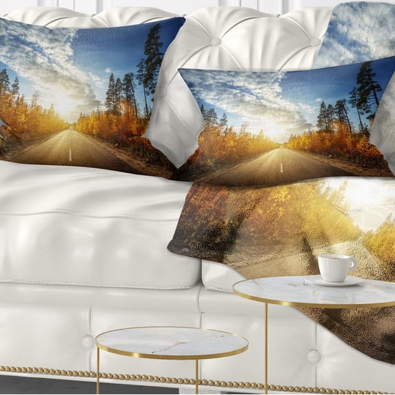 Designart Road in Fall Forest Panorama - Landscape Printed Throw Pillow - 12x20