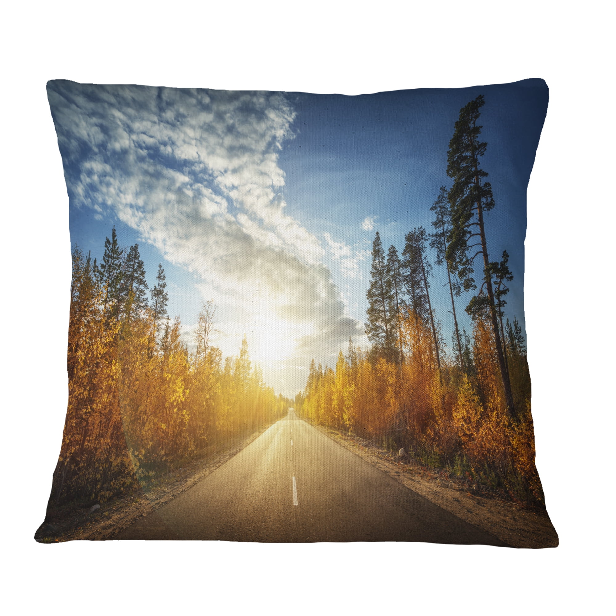 Designart Road in Fall Forest Panorama - Landscape Printed Throw Pillow - 16x16