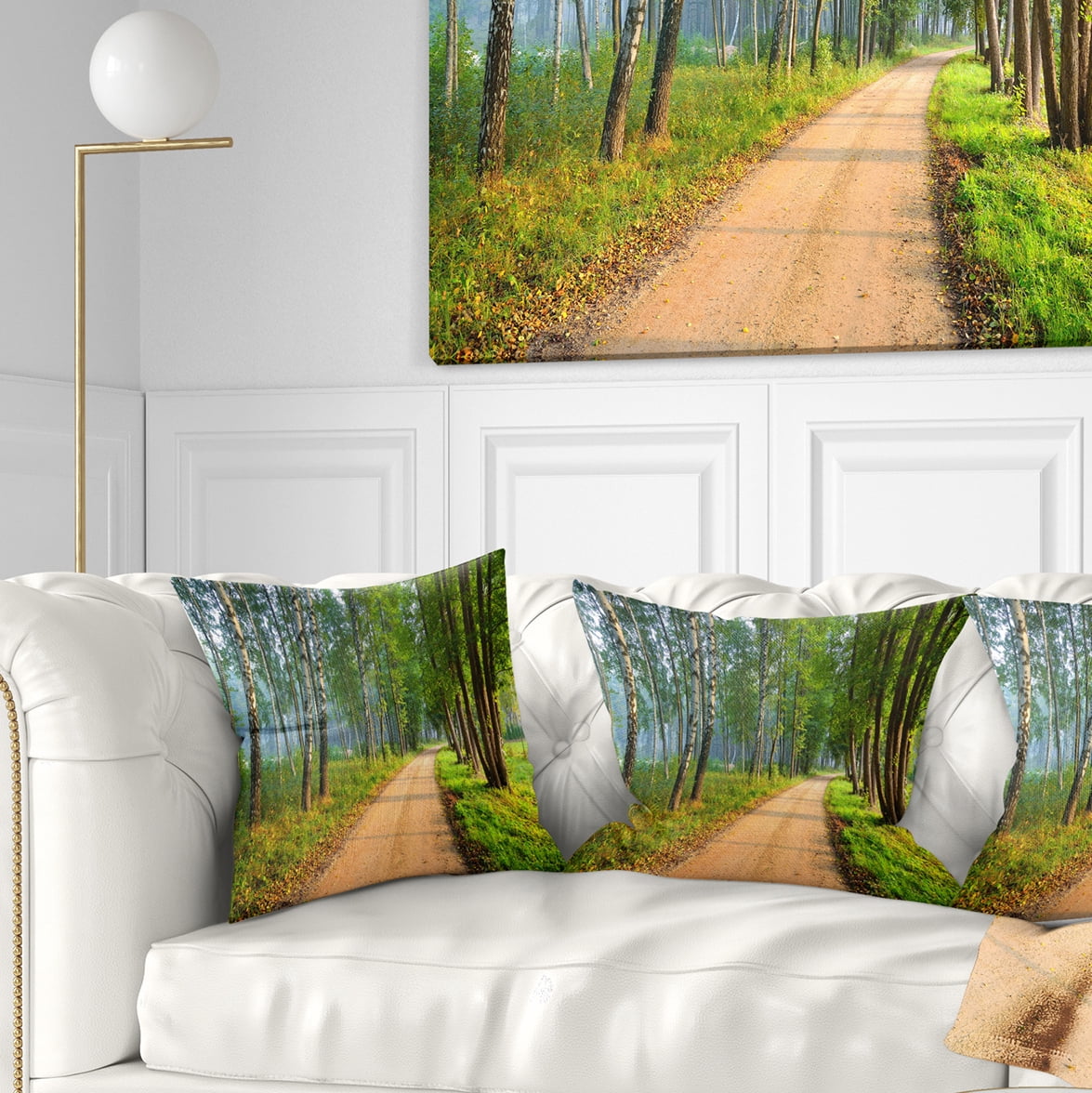 Designart Road in Green Morning Forest - Landscape Photo Throw Pillow - 16x16