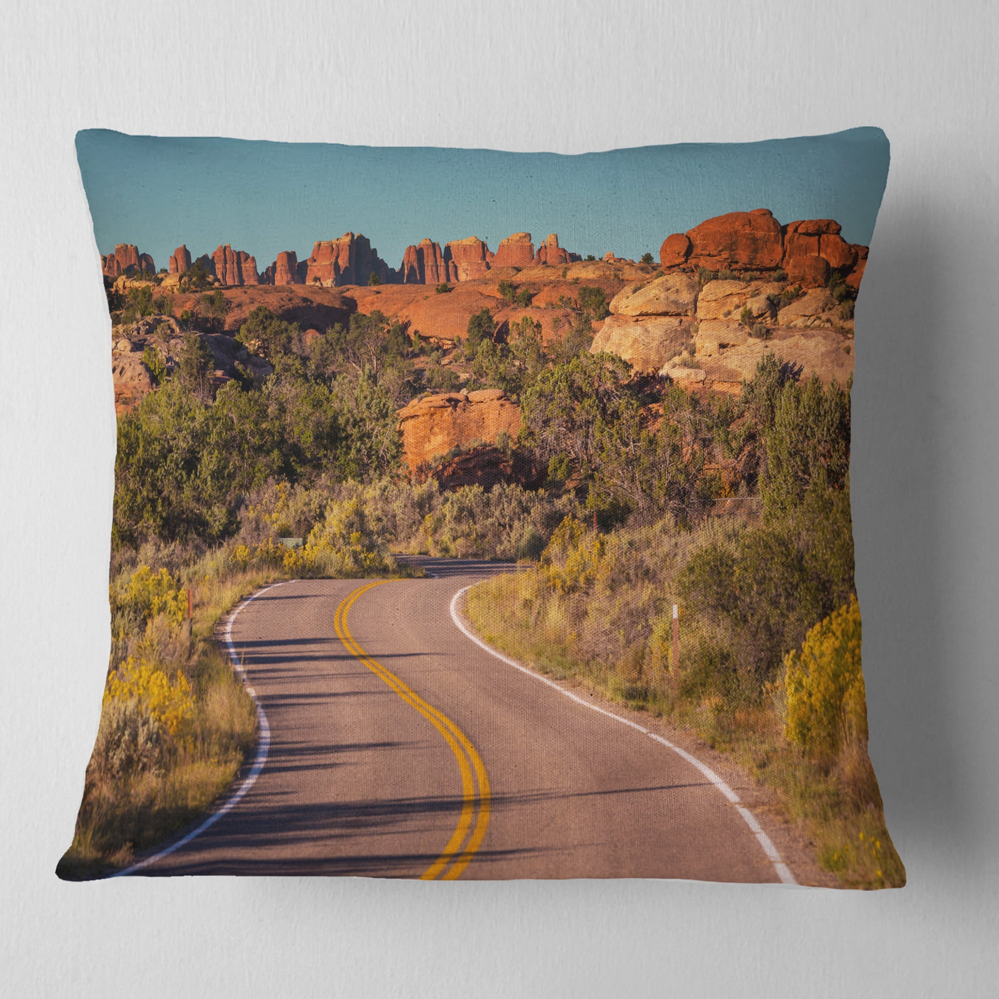 Designart Road in Rocky American Prairie - Landscape Printed Throw Pillow - 18x18