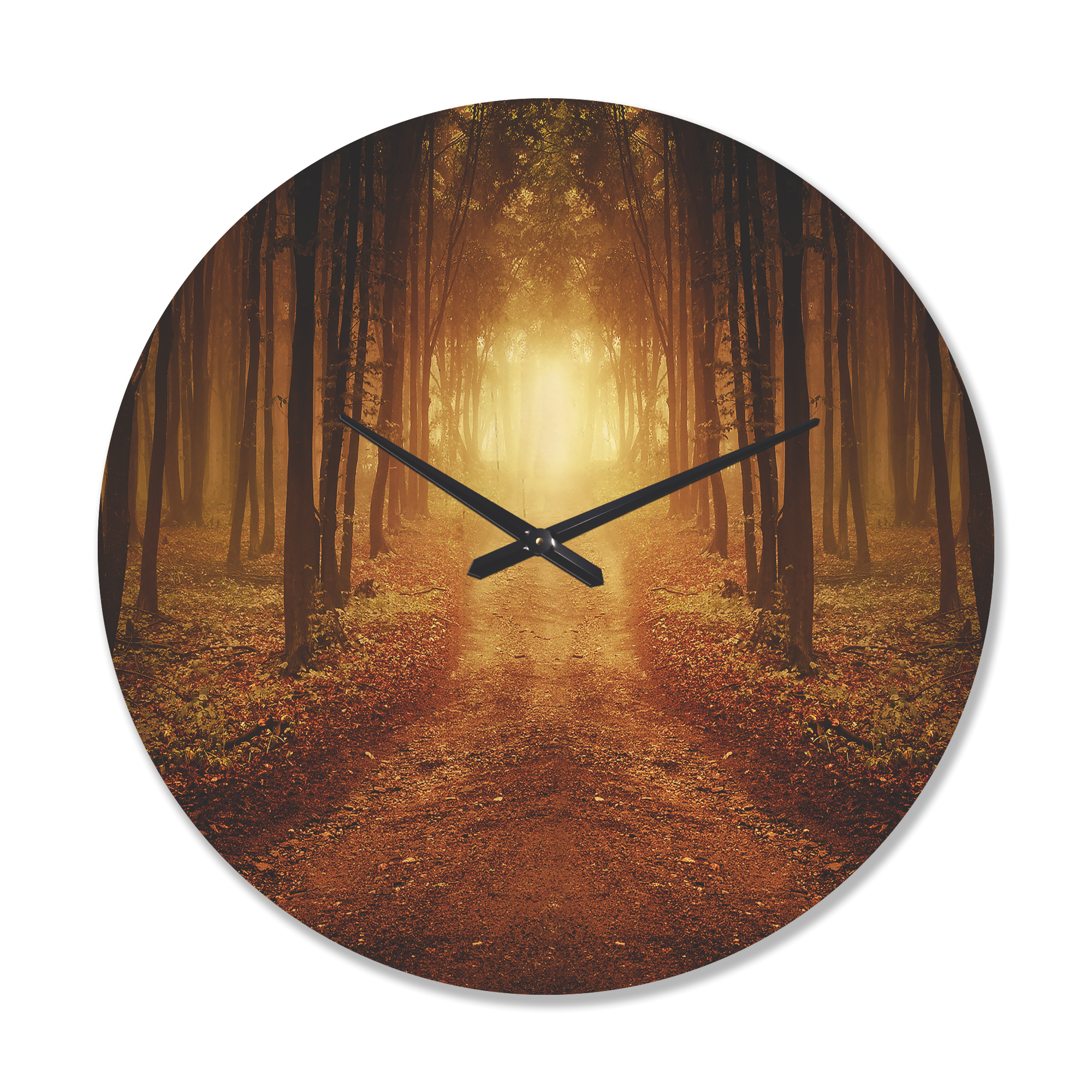 Designart 'Road in Symmetrical Forest During Sunset Light' Rustic Wood Wall Clock