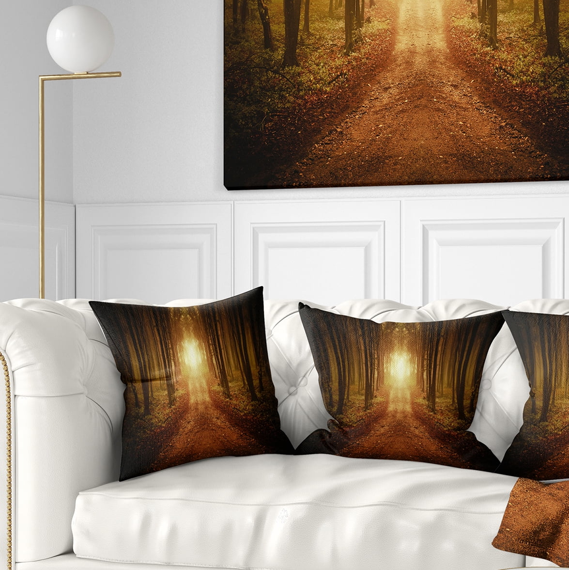 Designart Road in Symmetrical Forest - Landscape Photography Throw Pillow - 16x16