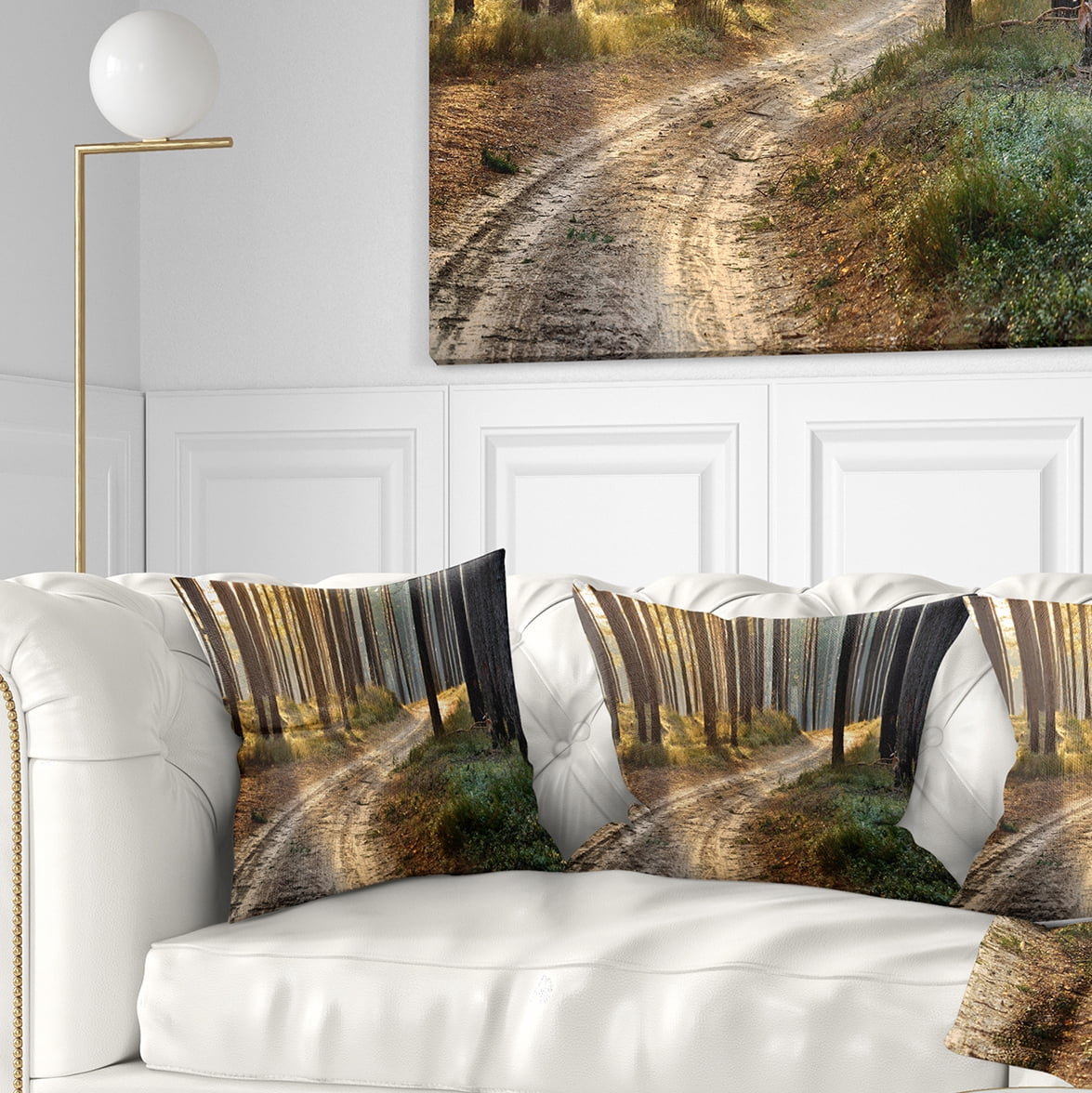 Designart Road in Thick Morning Forest - Landscape Photo Throw Pillow - 18x18