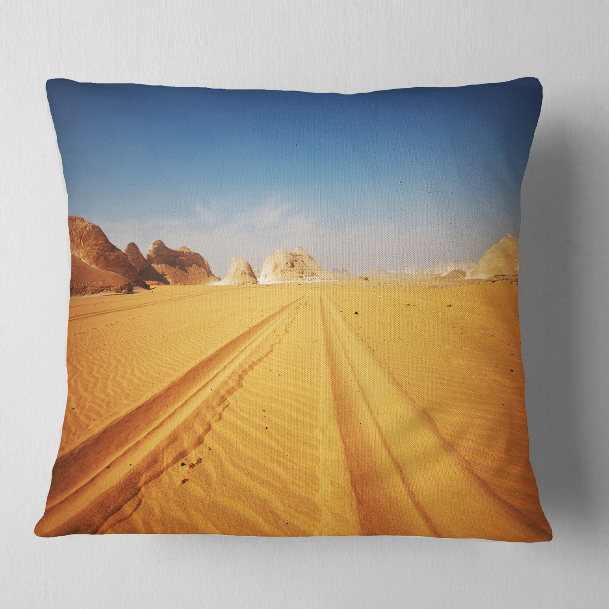 Designart Road in White Desert Egypt - Modern Landscape Printed Throw Pillow - 18x18