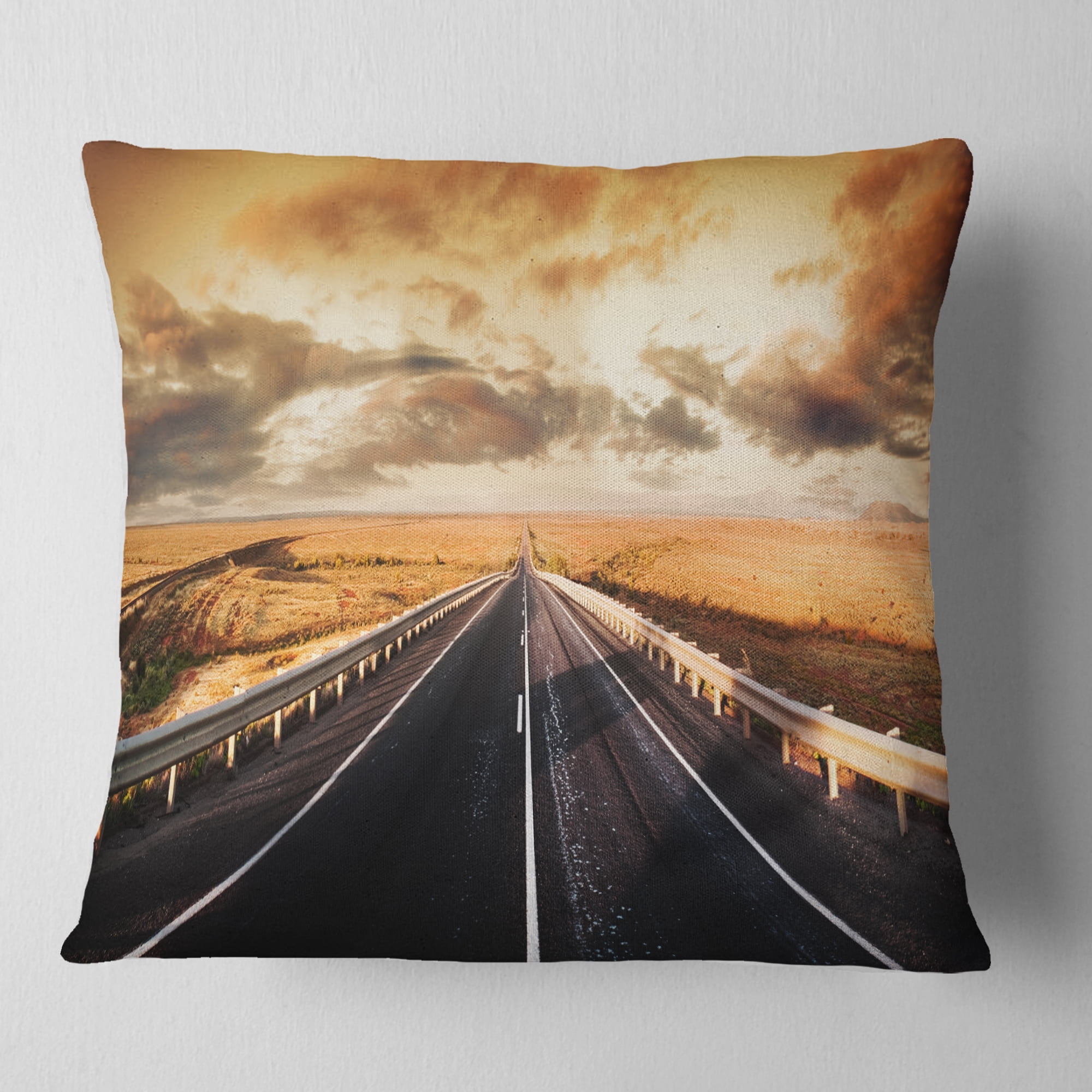 Designart Road through Desert Panorama - Landscape Printed Throw Pillow - 16x16