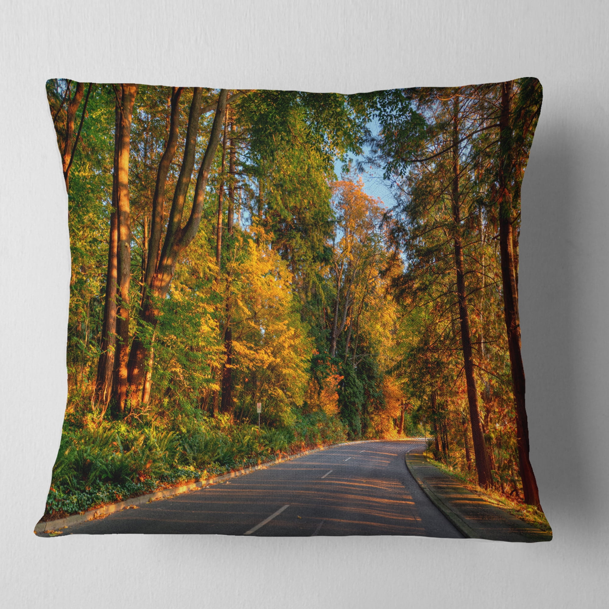 Designart Road through Lit up Fall Forest - Landscape Printed Throw Pillow - 18x18