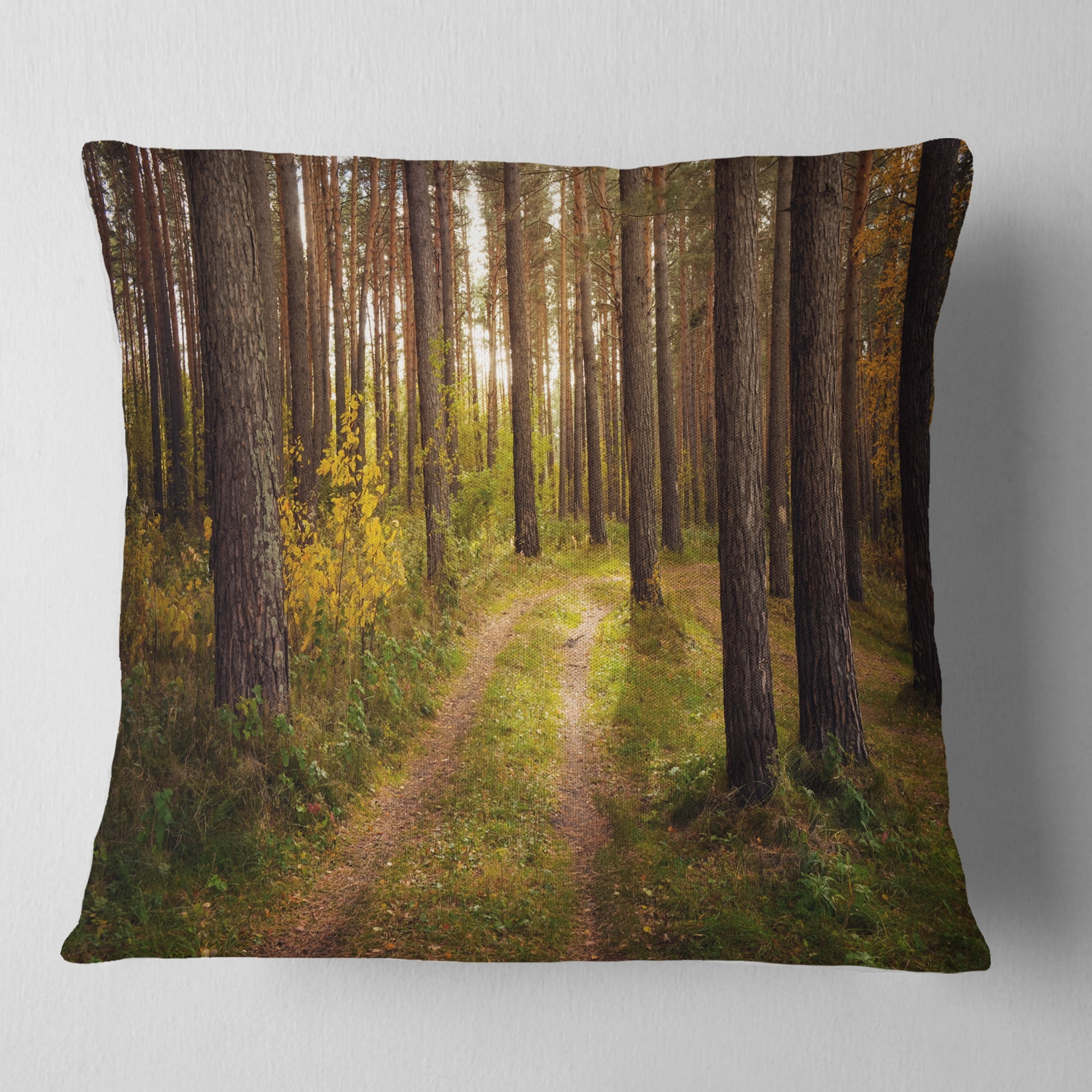 Designart Road through Thick Fall Forest - Modern Forest Throw Pillow - 16x16