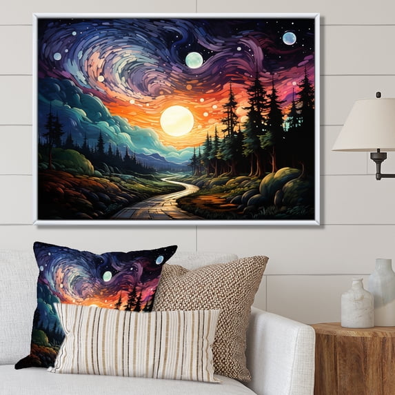 Designart "Road to Infinity Colorful Northern Lights II" Landscapes Floater Framed Wall Art Print