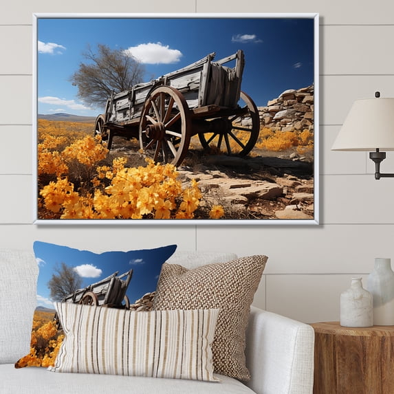 Designart "Roadside Relic Yellow Old Cart Nostalgia II" Old American Cart Floater Framed Canvas Wall Art